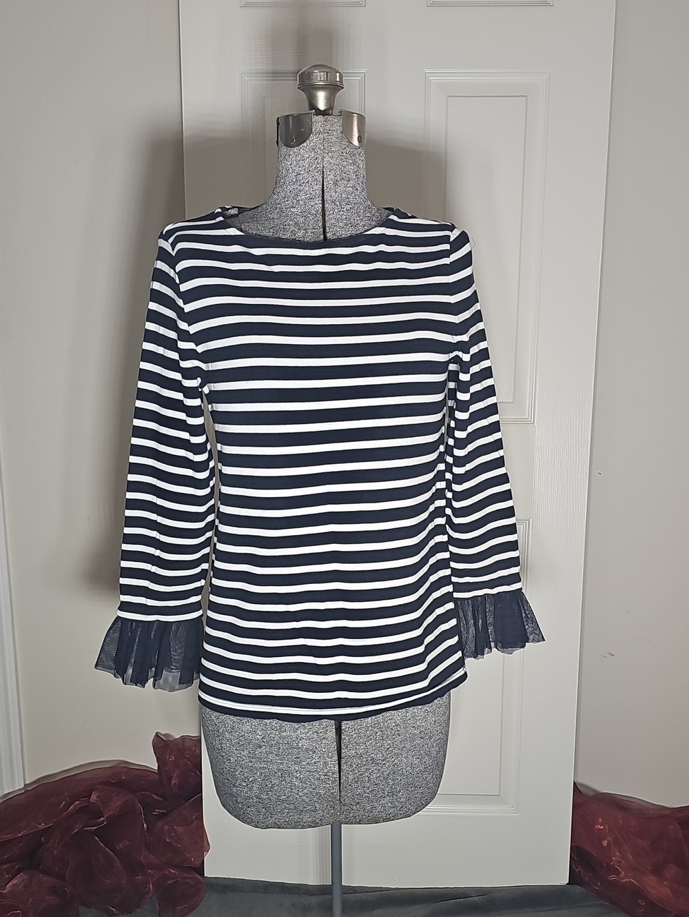 BeachLunchLounge Navy Stripe Cotton Top Tulle Ruffle Cuff Size S/P